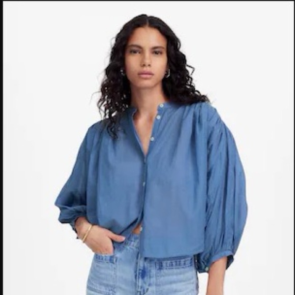 Madewell Shirred Crewneck Button-Up Top with Balloon Sleeves